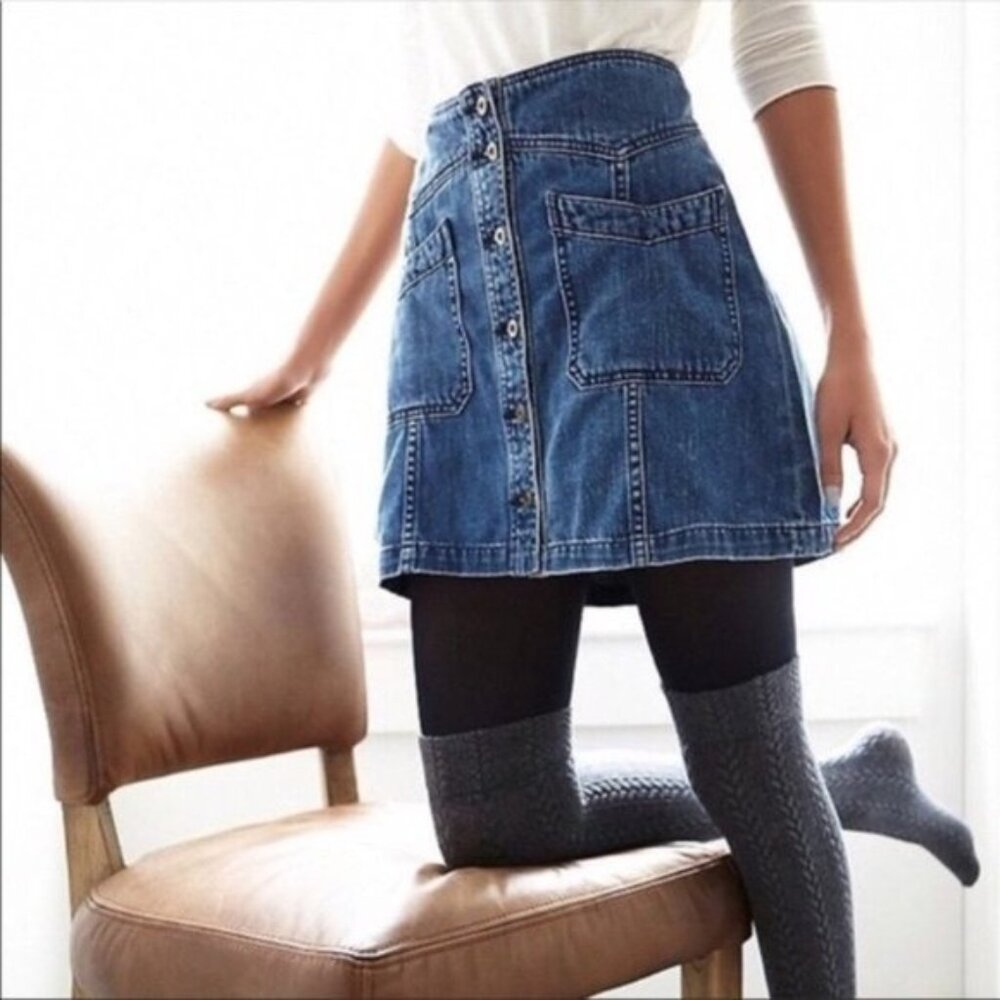 New Free People Come A Little Closer high rise button front a-line denim skirt